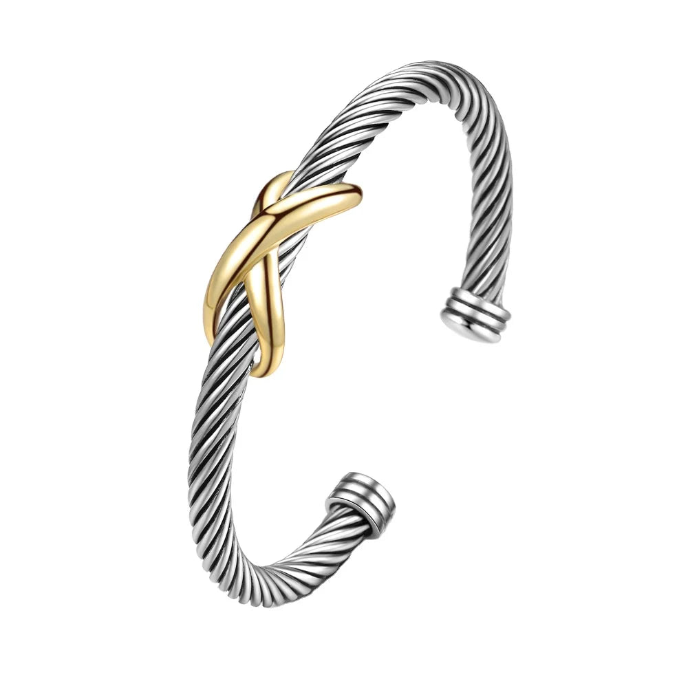 Twisted Open U-Shaped Retro European and American Bracelets for Men and Women With a Diameter of 6Mm Two-Color Electroplating