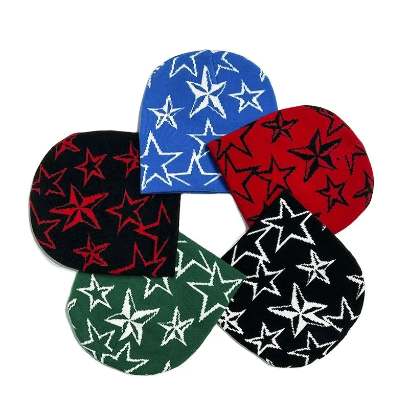 7 Color Graphic Beanie Hats for Men and Women Winter Warm Knitted Skullies with Star Pattern Casual Style for Travel