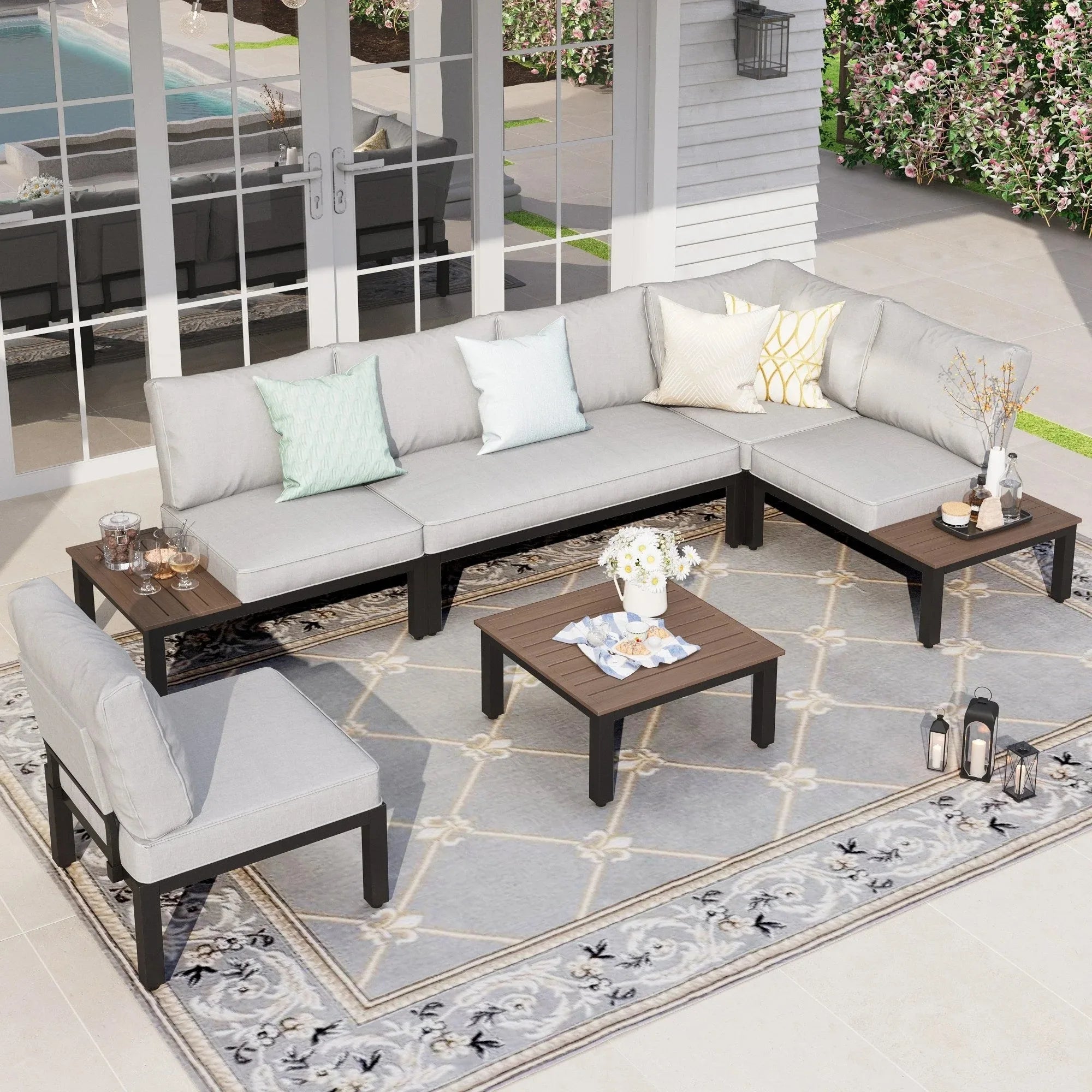 Custom Shape Fabric Seat All Weather Patio Furniture Metal Aluminum Garden Sofa Couch Outside Patio Outdoor Sectional Sofa Set
