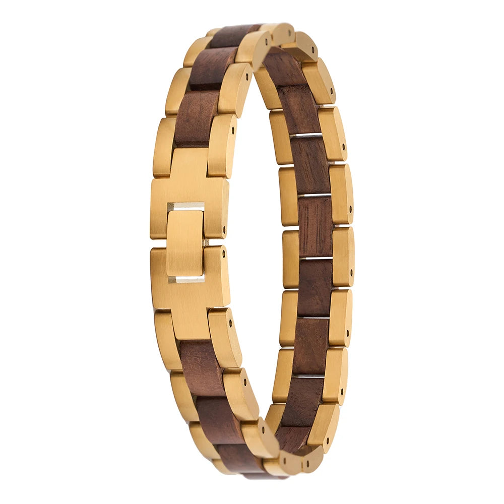 Handmade Unisex Natural Walnut Wood Luxury Trendy Gift Jewelry & Gold Stainless Steel Chain & Link Bracelet