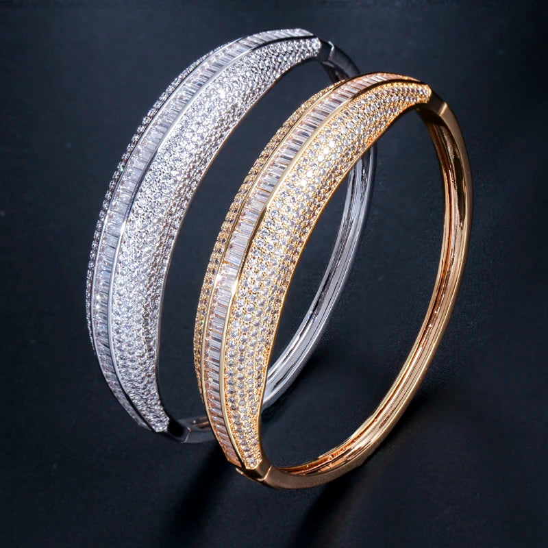 Brilliant Cubic Zirconia Saudi Arabia 18K Gold Filled Big Round Cuff Bangles Bracelet Luxury Dubai Jewelry for Women Accessories