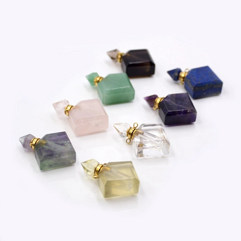 Natural Square Gemstone Small Bottle Pendant Necklace Crystal Quartz Perfume Vials Stainless Steel Jewellery Jewelry Suppliers