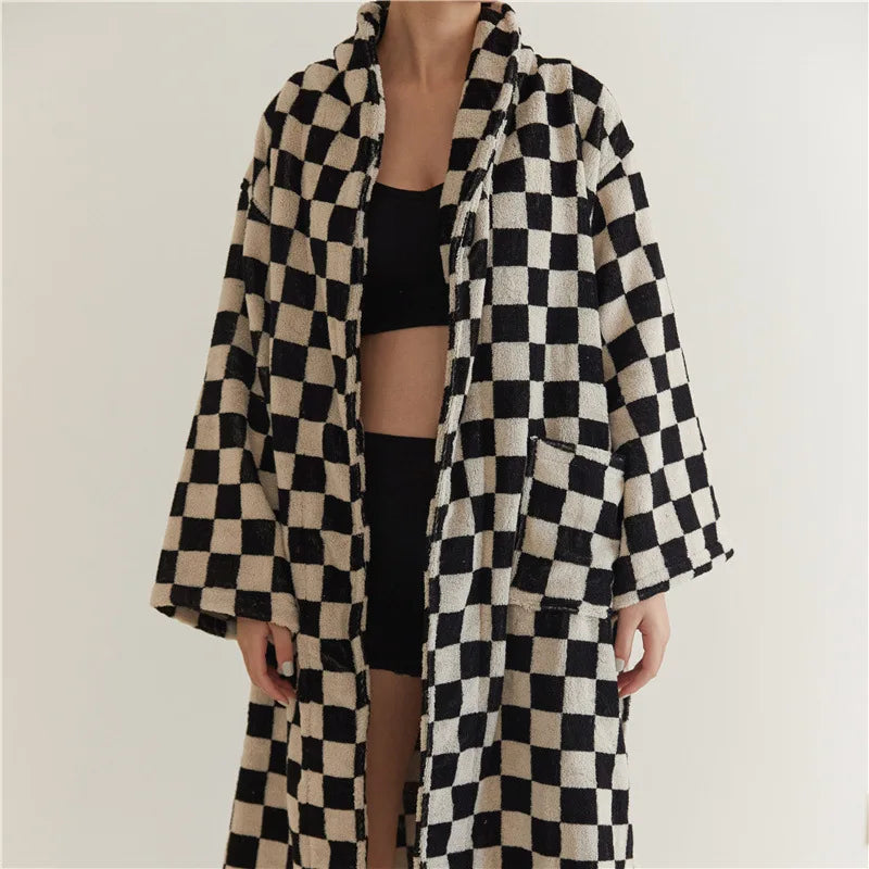 White and Black 100% Cotton Terry Cloth Robe Luxury Soft Plush Checkerboard Unisex Bathrobe