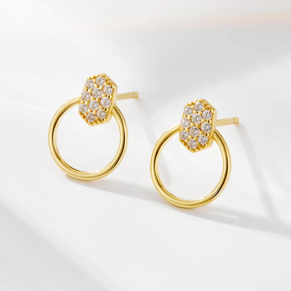 Aretes De Moda Simple Fashion 925 Sterling Silver Gold Plated Geometric Circle Pave Fine Cz Stud Earrings for Women
