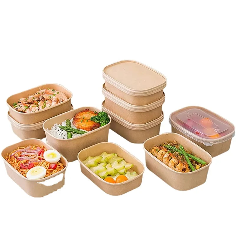 Custom Printed Disposable Kraft Paper Lunch Box with 900ml Salad Container Rectangular Paper Bowl Lid