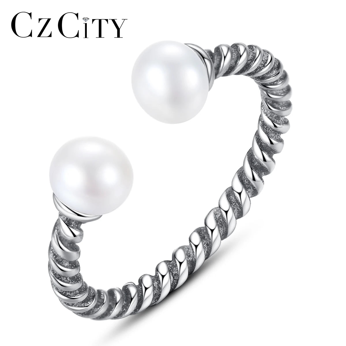 CZCITY Real Original Sterling Silver 925 Woman Trending Black Geometric Fresh Water Pearl Ring