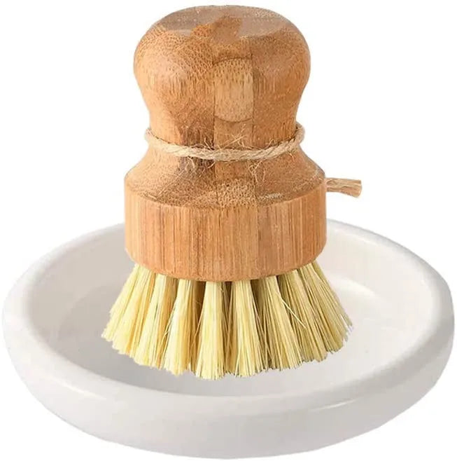Natural Sisal Bristle Eco-Friendly Dish Brush with Bamboo Wood Handle and Wooden Holder for Kitchen Pot Cleaning