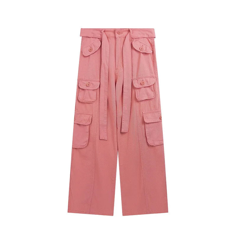 Custom High Street Casual Cargo Pants Women's Retro Loose Denim Mid Waist Breathable Wide Leg for Ladies