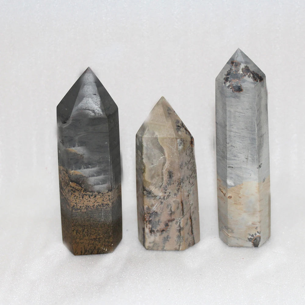 Natural Healing Crystal Single Points Wand for Meditation Black Grass Flower Jasper Gemstone Wand