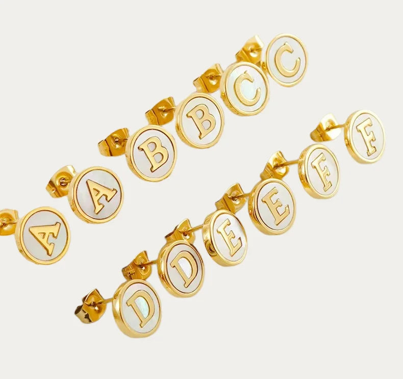 Cute Circle 18k Gold Plated Letter Shell Stainless Steel Small Stud Earrings for Women