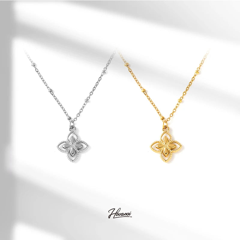 HOVANCI High End Stainless Steel Necklace for Women Tarnish Free Waterproof Jewelry Fashionable Pendant Lucky Flower Necklace