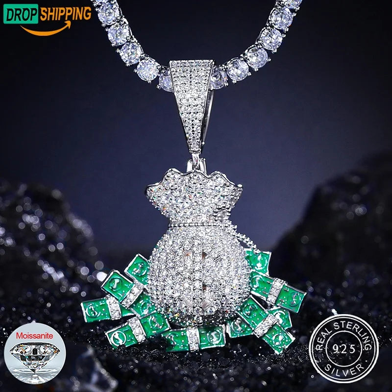 Jewelry Dropshipping Factory Price Hip Hop Jewelry 925 Sterling Silver VVS Moissanite Diamond Iced Out Money Bag USD Pendant