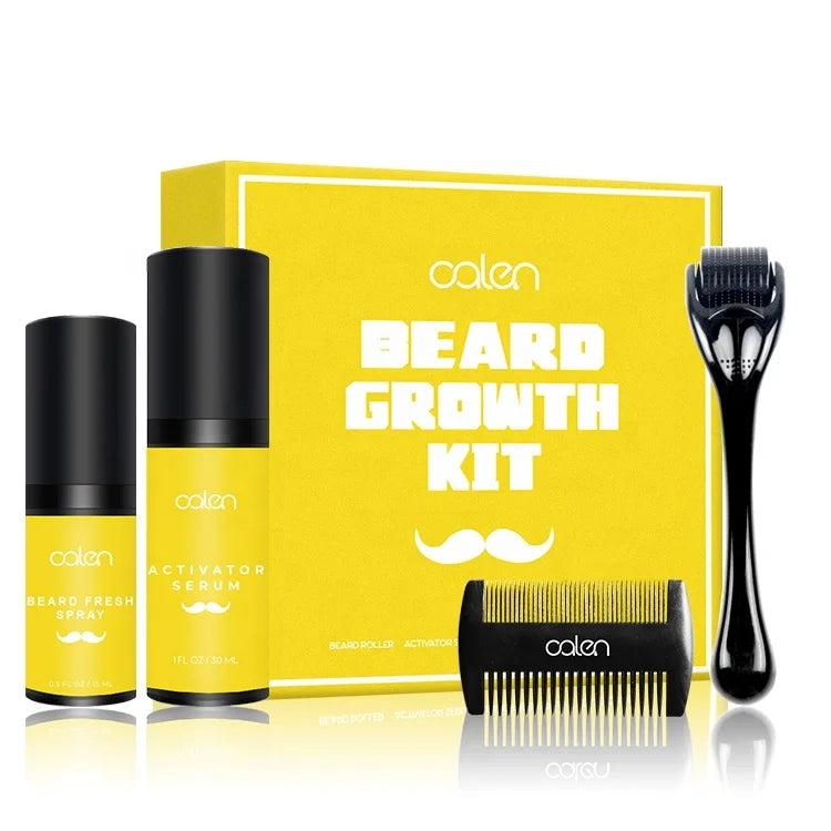Private Label 4 Pcs in 1 Beard Growth Kit 33mm Roller and Comb Serum Natural Ingredients Beard Growth Kits