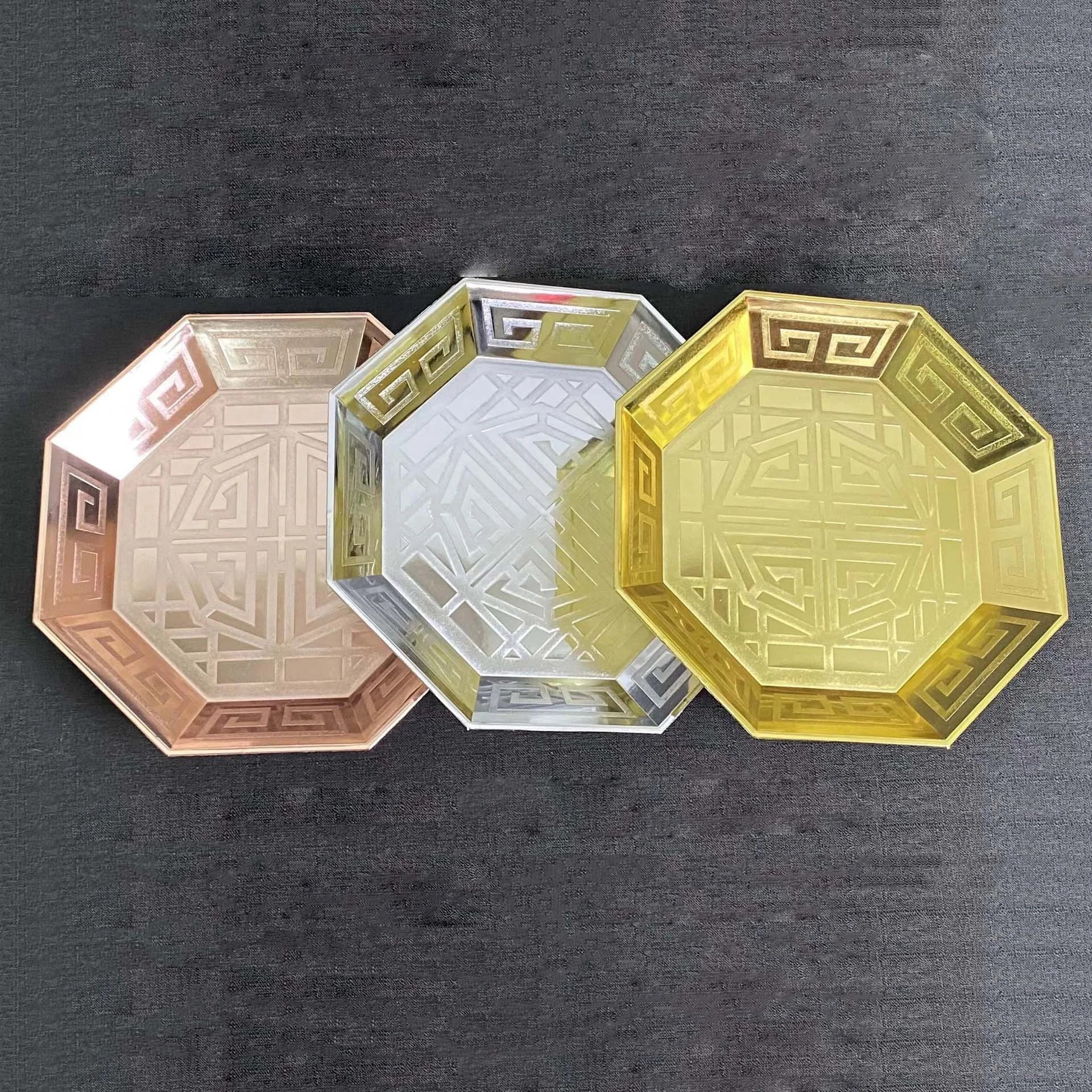 Multicolor Double Plating Unique Distressed Octagonal Dish Raised Print Fruit Dish Tray Decorative Charger Plate for Wedding