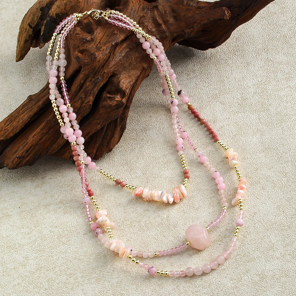 Women Bohemian Jewelry Sping Valentine Gift Hematite Rose Quartz Turquoise Multi-layer Natural Stone Glass Beads Necklace