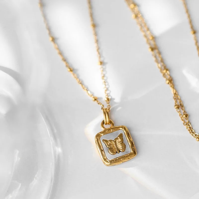 Trendy Gold Plated Beads Chain Butterfly Pendant Necklace No Fade Stainless Steel Animal Shell Tags Charm Necklace