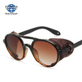 Teenyoun Round Steampunk Sunglasses Men Classic Vintage Punk Rivet Wrap Sun Glasses Retro Leather Eyewear for Male