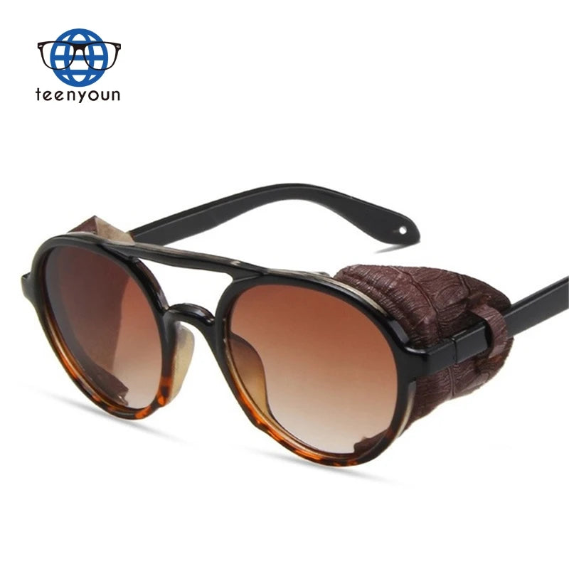 Teenyoun Round Steampunk Sunglasses Men Classic Vintage Punk Rivet Wrap Sun Glasses Retro Leather Eyewear for Male