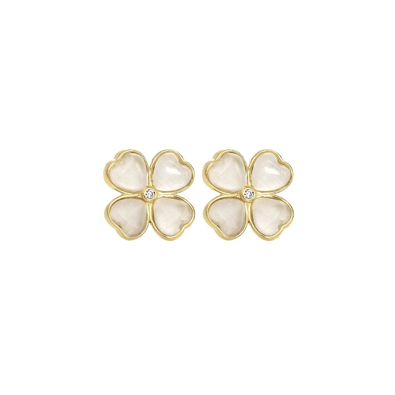 In Stock Cat Eye Stone Four Leaf Clover Silver 925 Gemstone Stud Earrings