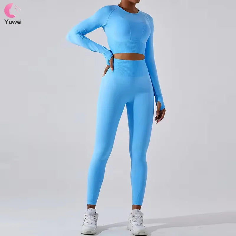 Women's Long-Sleeve Activewear Gym Fitness Sets Solid Pattern Workout Scrunch Butt Ribbed Leggings with Seamless Yoga Outfits