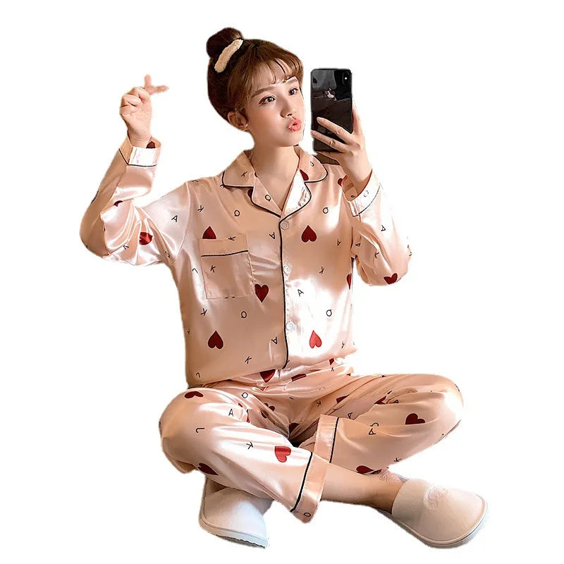 High Quality Ice Silk Women's Sleepwear Long Sleeve Sets Pajamas Home Clothes