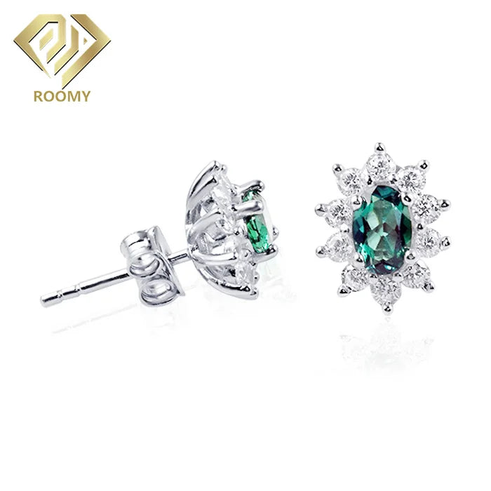 925 Sterling Silver Statement Stud Earrings Women Simulated Diamond Lab Grown Zambian Emerald Wholesale Jewelry