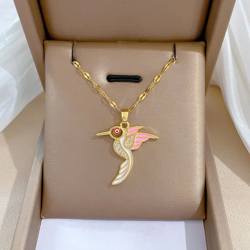Titanium Steel Zircon Diamond Bird Pendant Necklace Charm Choker Chain for Women Wedding Engagement Stainless Steel Jewelry