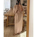 High Waist Long Skirts Set Women Outfit Fashion Puff Sleeve Lace-Up Shirt Casual Loose Khaki Cotton 2 Piece Sets