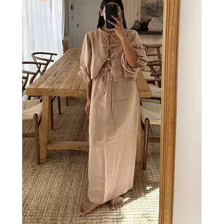 High Waist Long Skirts Set Women Outfit Fashion Puff Sleeve Lace-Up Shirt Casual Loose Khaki Cotton 2 Piece Sets
