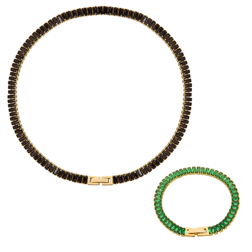 Stainless Steel 18K Gold Plated Full Paved Zircon Choker Necklace Titanium Steel Colorful Diamond Clavicle Necklace Bracelet Set