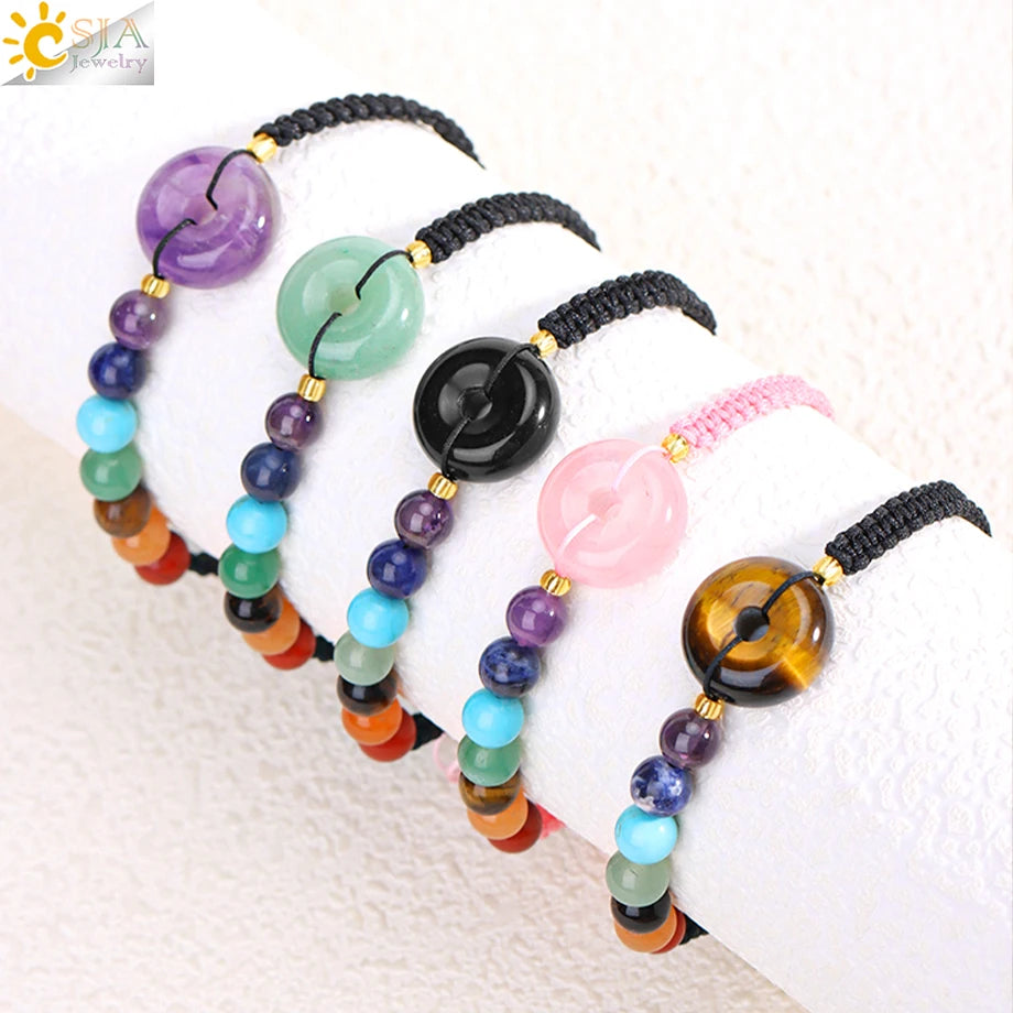CSJA Natural Gemstone Donut Bead Charm Reiki Healing Stones 7 Chakra Braided Bracelets for Men Women Meditation Jewelry H380