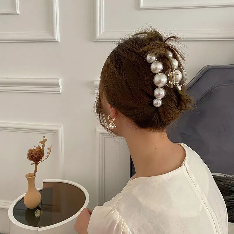Female Summer Hair Accessories Large Back Head Shark Clip with Pearl Elegant Alloy Hairpin and Catch Clip