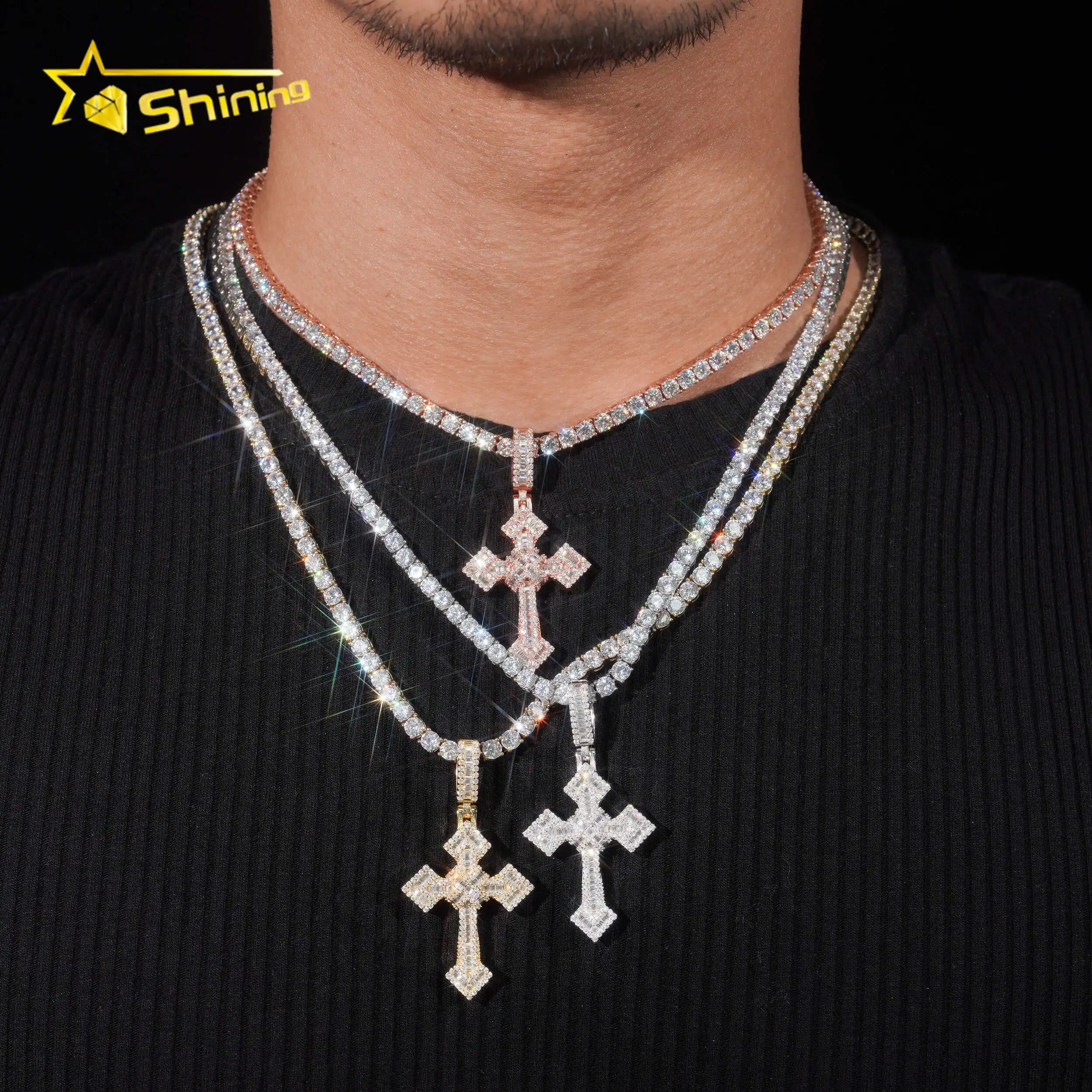 Ready to Ship Hot Sale Cross Pendant 925 Sterling Silver Iced Out baguette Moissanite Pendant