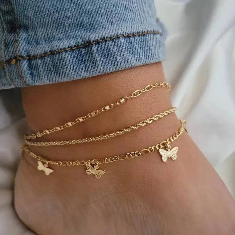 Fashion Personalized Layered Fried Dough Twists Chain Three Piece Set Anklet Simple Butterfly Pendant Anklet for Women