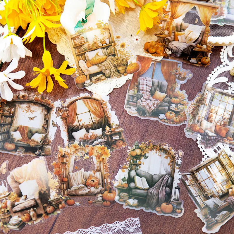 Cozy Cottage Series PET Collage Card Sticker Pack 10 Pieces Per Pack Coffee House Theme Handbook DIY Material 6 Models