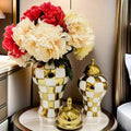 Decorative Square Grid Shaped Golden Jars Tall Ceramic Flower Vase Light Luxury Ginger Jar for Home Living Room Table Decoration