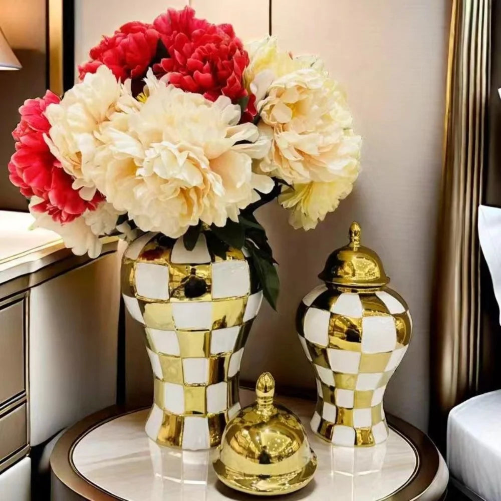 Decorative Square Grid Shaped Golden Jars Tall Ceramic Flower Vase Light Luxury Ginger Jar for Home Living Room Table Decoration