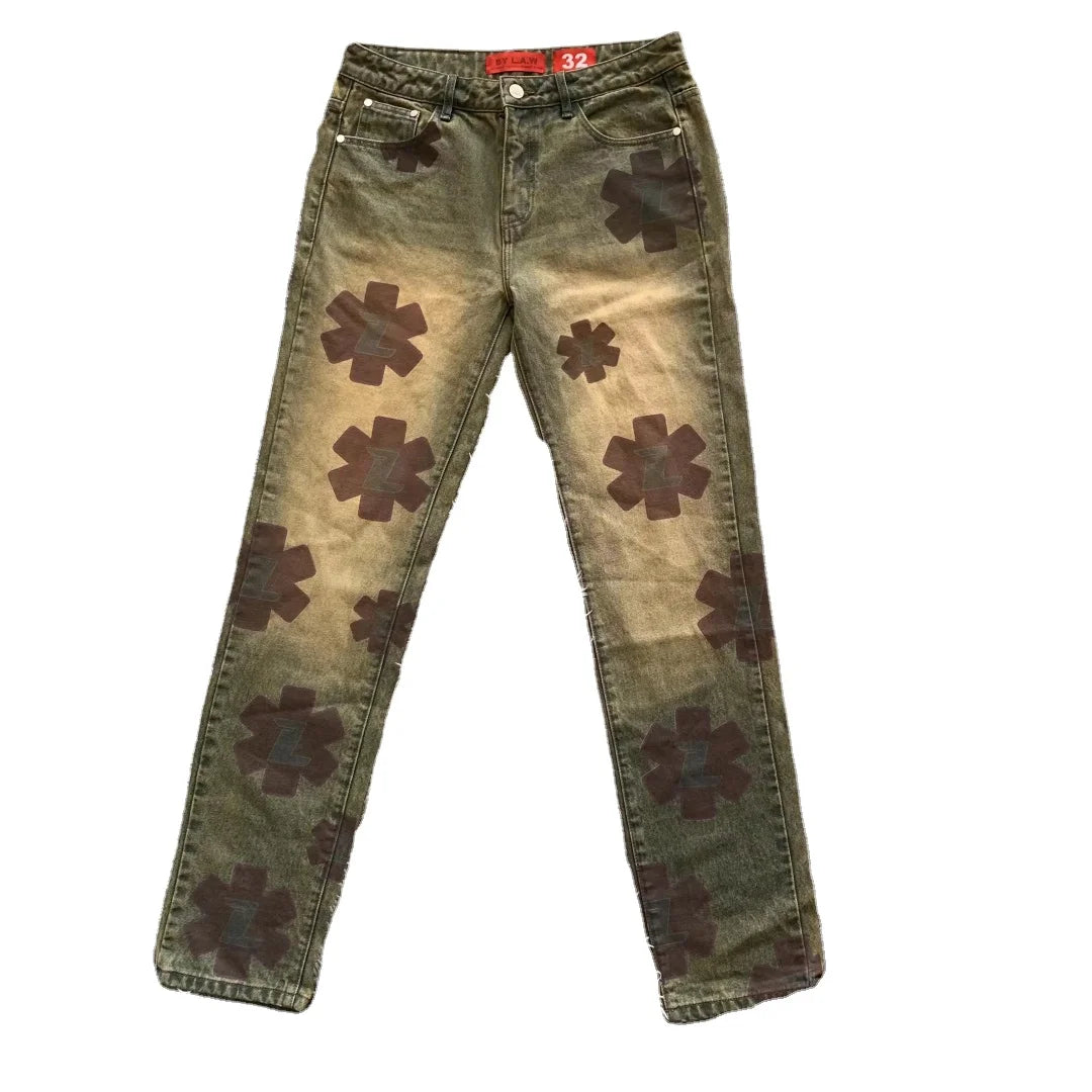 DENIMGUYS Custom Digital Printed Acid Washed Loose Mens Straight Casual Vintage Y2k Streetwear Men's Jeans