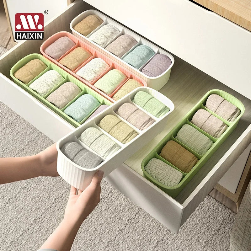 Haixin Plastic Drawer Holder 5 Cell Closet Storage Bin Box Sock Ties Belts Handkerchiefs Organizer Divider Underwear Organizer