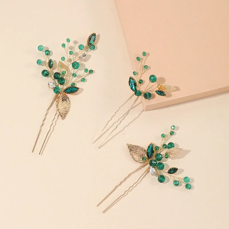 Green Leaf Bridal Hair Comb Retro Palace Headpiece Opal Crystal Hairpin Pearls Wedding Hair Pin Accessories Women