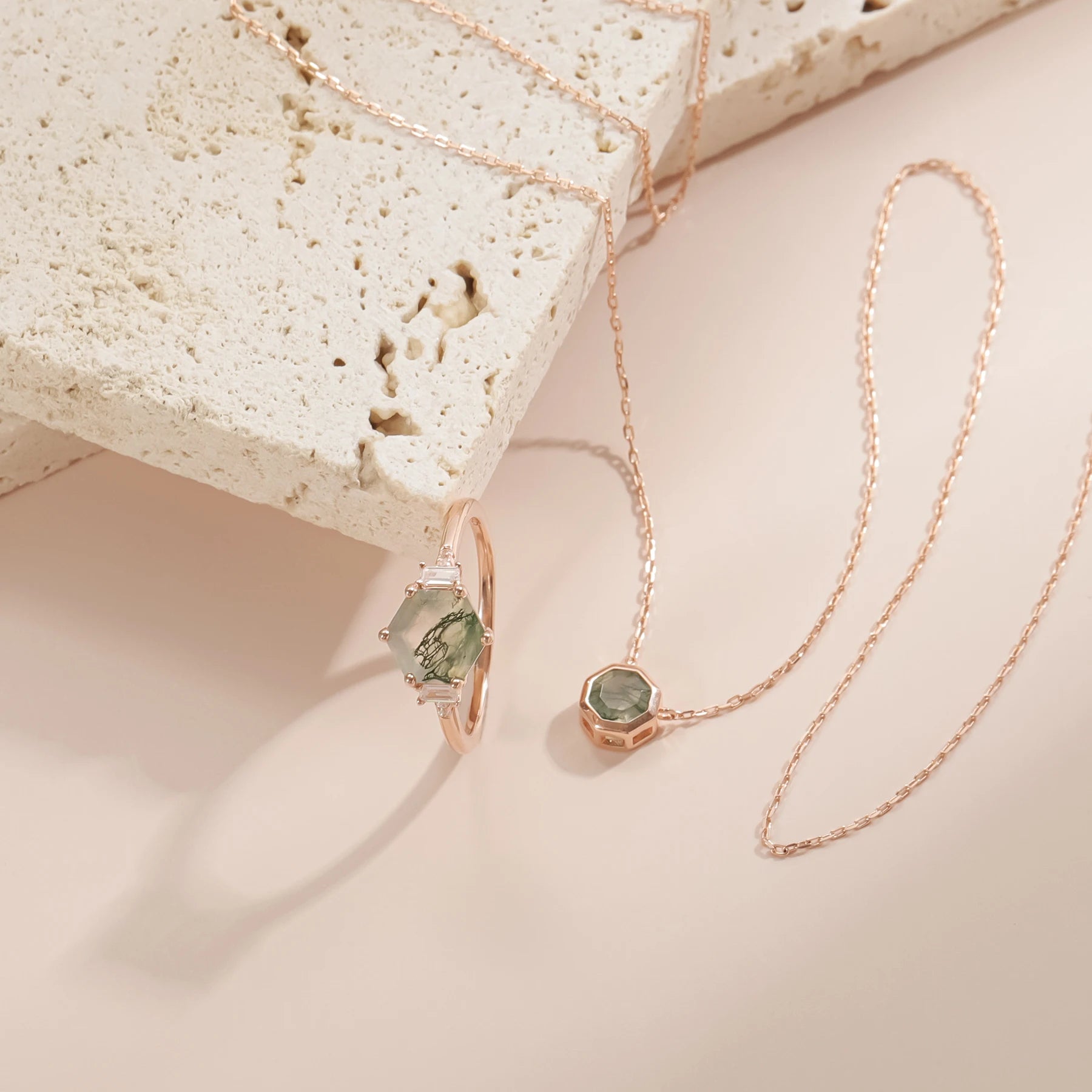 Abiding Delicate Jewelry New Arrivals Custom Design 925 Sterling Silver Ring Necklace Octagon Natural Moss Agate Jewelry Set