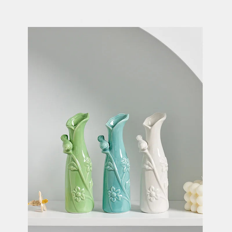 Modern White Ceramic Vase for Home Use for Flower Arrangements Green Radish Hydroponic Rich Bamboo Dried Artificial Flowers