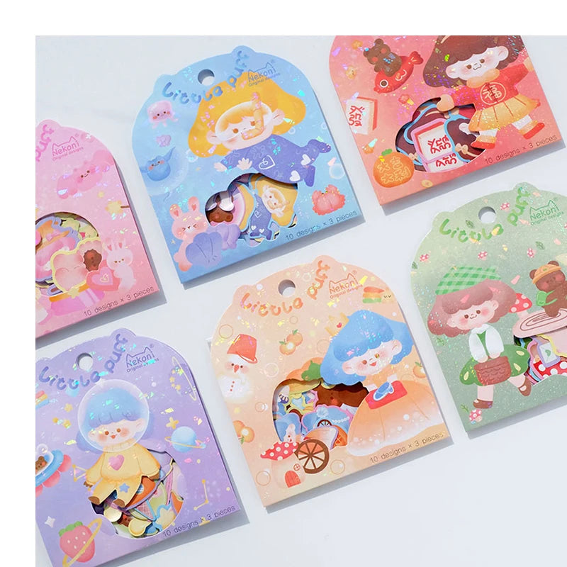 Nekoni Kawaii Little Puff Stickers Pack Cute Paper Journal Girly Stickers Kawaii Aesthetic Glitter Stationary Stickers Flake