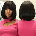 Factory Outlet Dark Brown Bob Straight Synthetic Wigs with Full Bangs Black Short Hairs Wig for Women