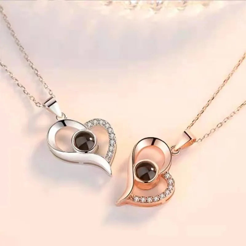 Valentine 's Gift S925 Silver Jewelry I Love You in 100 Languages Projection Necklace Gold Chain Heart Lover Couple Necklace