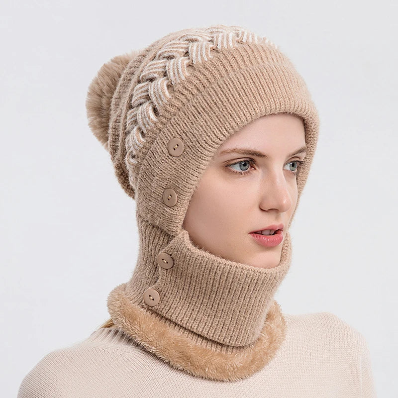 Outdoor Sports Woolly Knitted Winter Beanie Hunter Hat With Cycling Balaclava Face Cover and Neck Warmer Set for Women