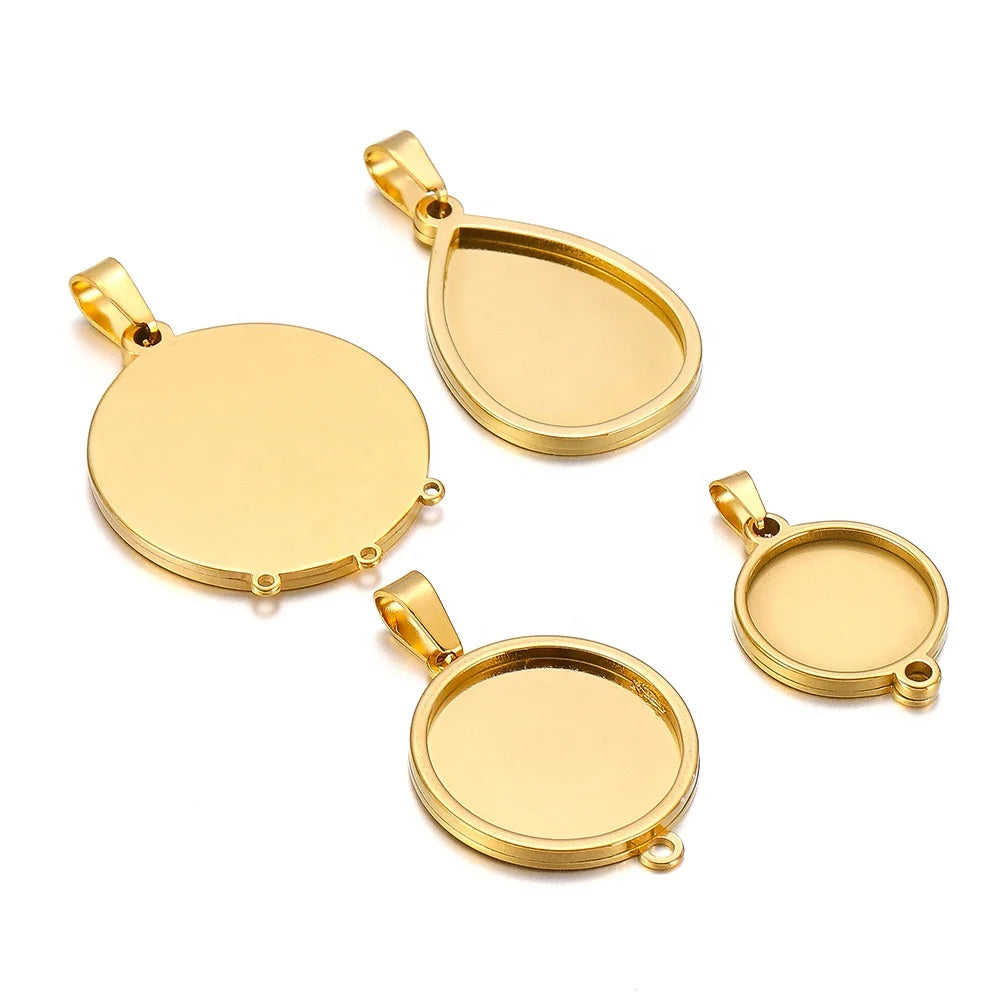 Drop Cabochon Cameo Base Setting Charms Round Connectors Pendant Necklace Jewelry Findings Accessories