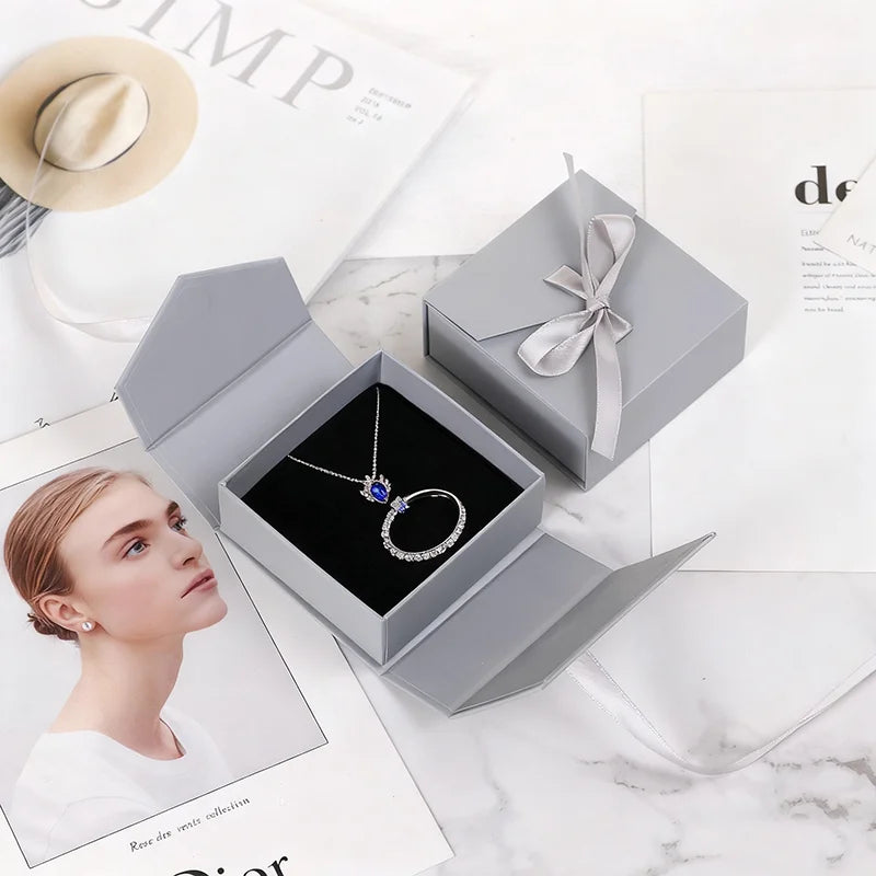Gray White Gift Box with Ribbon Bowknot for Custom Logo Branding and Boutique Identity Lid and Base Rigid Jewelry Case