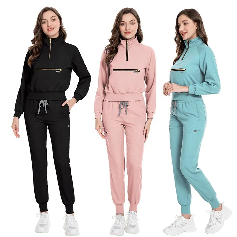 Custom logo Nurse Doctor Zip Collar Girls Hospital Uniforms Scrubs Medical Scrubs Suits Top Jogger Pant Zipper Jacket Scrubs Set