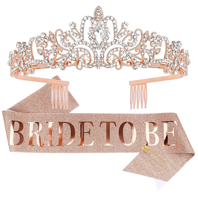 Rose Gold Bride-to-Be Sash Tiara Kit with Custom Design Crystal Crown Glitter Bachelorette Party Decor for Wedding Celebrations
